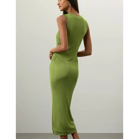 Atlein Chartreuse Knit Midi Tank Dress MEDIUM Bodycon Silky Ruched Designer $445 - Picture 4 of 10